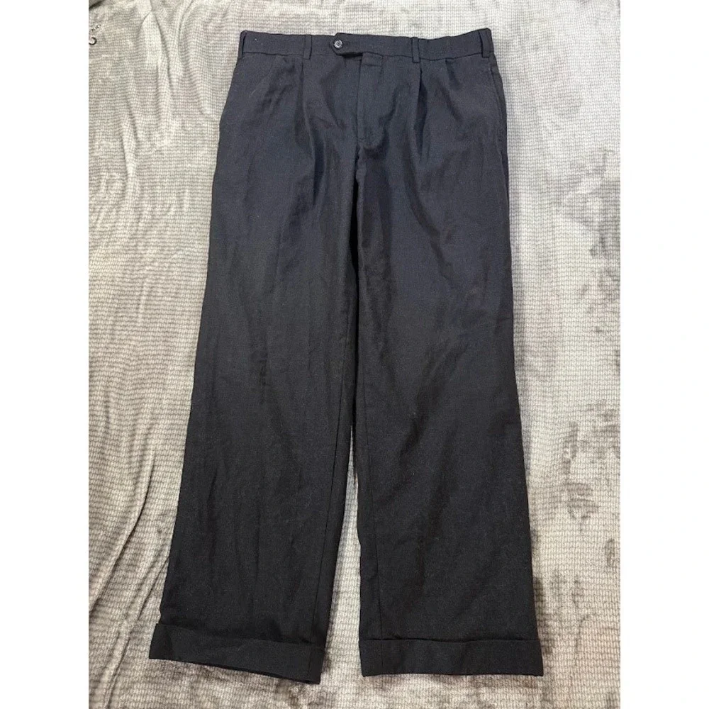 Brooks Brothers Mens Pleated Black Wool Pants Cuffed Straight Trousers 36x29